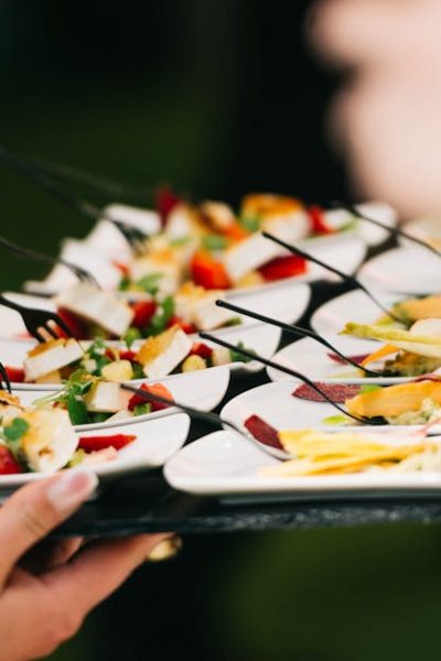Elegant catering presentation with gourmet appetizers on a tray at a social event.