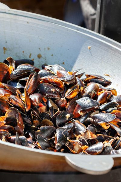 A close-up of freshly cooked mussels in a large wok, showcasing vibrant shellfish colors.